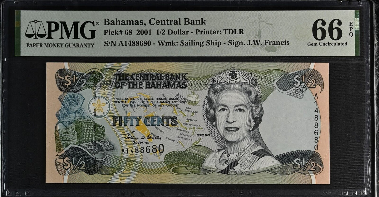 Bahamas 1/2 Dollars 2001 P 68 GEM UNC PMG 66 EPQ
