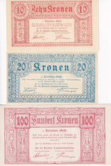 Austria SET 3; 10 20 100 Kronen 1918 Karnten(Carinthia) P S102 S103 S105 UNC