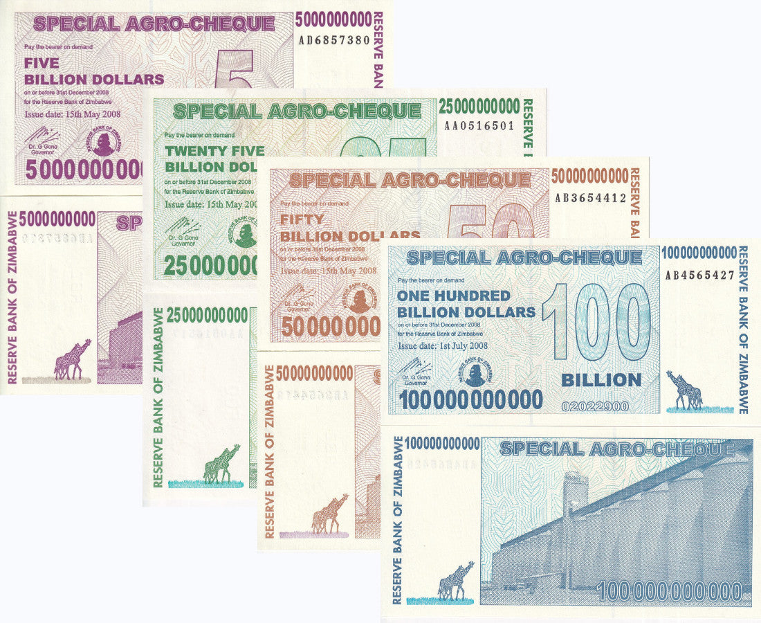 Zimbabwe set 4 UNC 5 25 50 100 Billion Dollars 2008 Agro-Cheque P 61 62 63 64