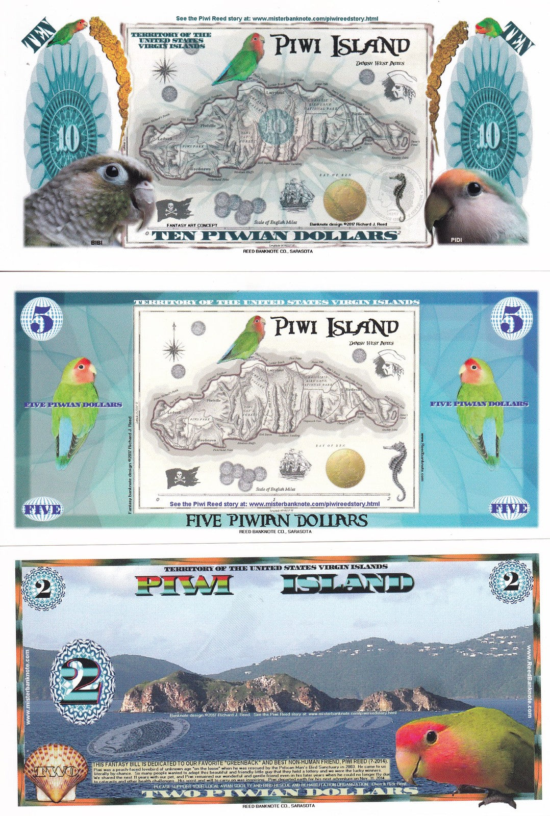 Piwi Island Set 3 Pcs 2 5 10 Dollars 2017 Polymer Parrot Fantasy