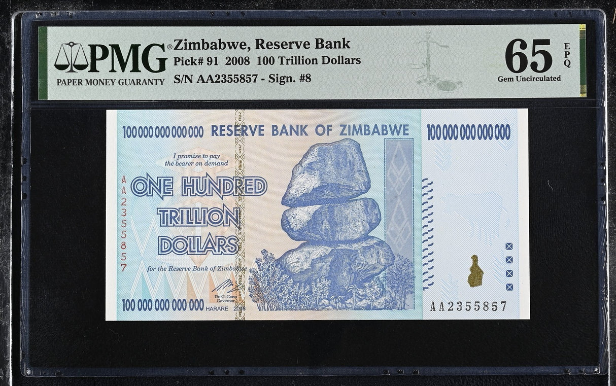 Zimbabwe 100 Trillion Dollars 2008 P 91 Gem UNC PMG 65 EPQ