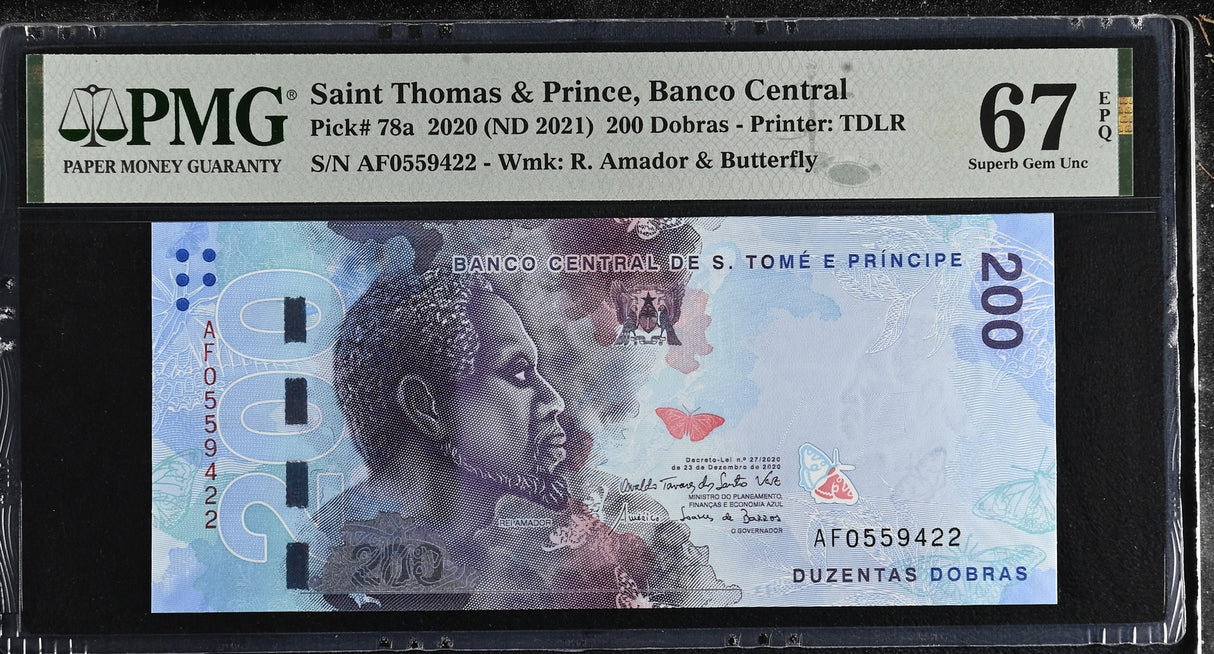 Saint Thomas & Prince 200 Dobras 2020 ND 2021 P 78 a Superb Gem UNC PMG 67 EPQ