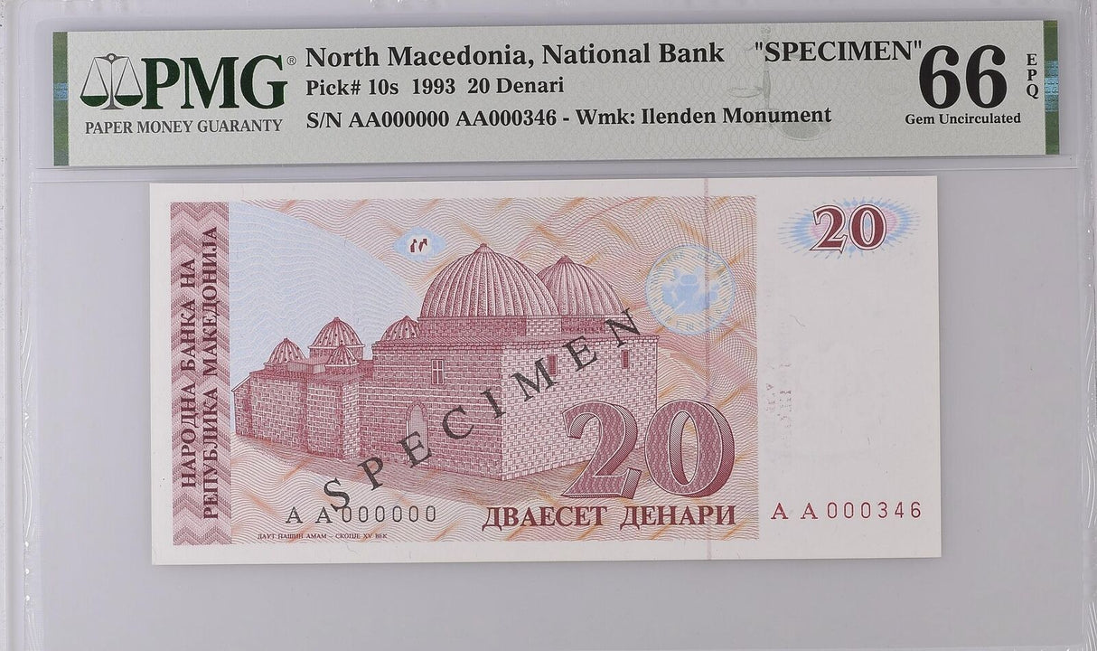 North Macedonia 20 Denari 1993 P 10 s SPECIMEN Gem UNC PMG 66 EPQ