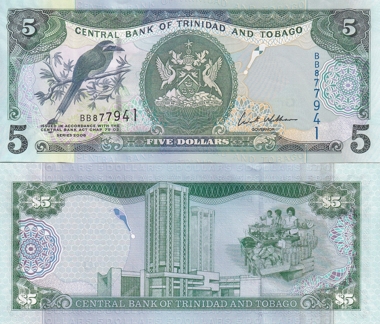 Trinidad & Tobago 5 Dollars 2006 P 47 a UNC Blue-crowned motmot, arms