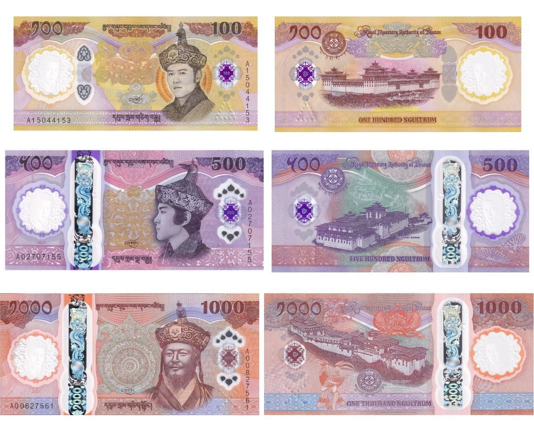 Bhutan SET 3 UNC 100 500 1000 Ngultrum 2025 70th Commemorative P new Polymer
