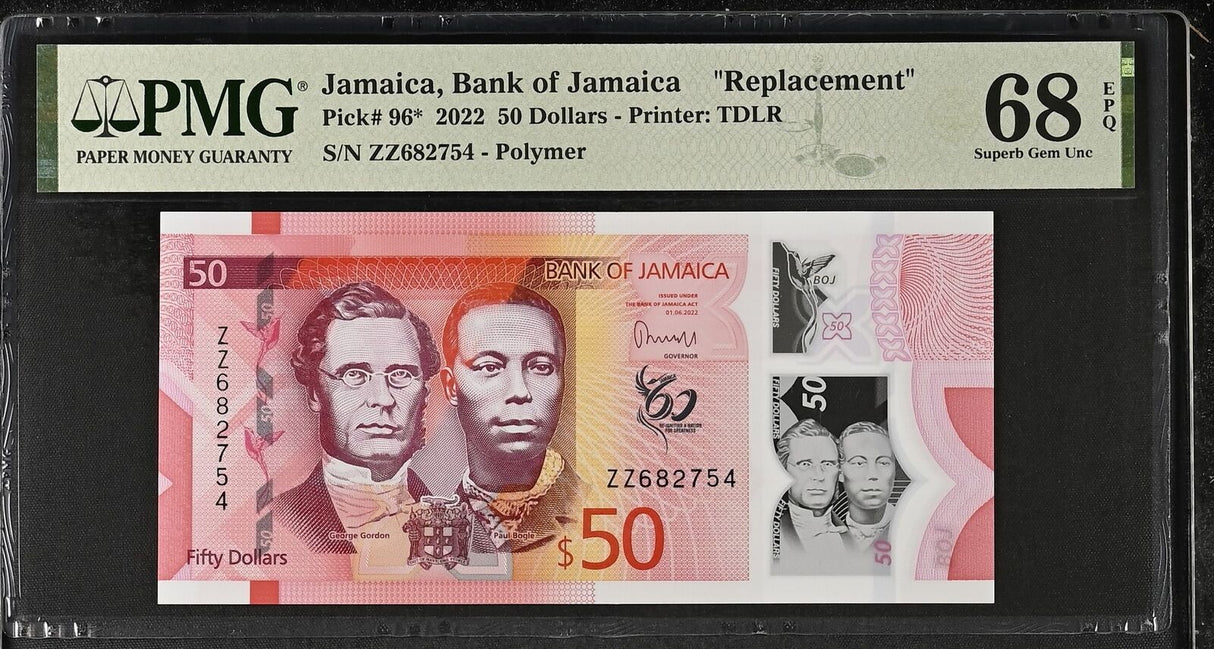 Jamaica 50 Dollars 2022 P 96* ZZ Prefix Replacement Superb Gem UNC PMG 68 EPQ
