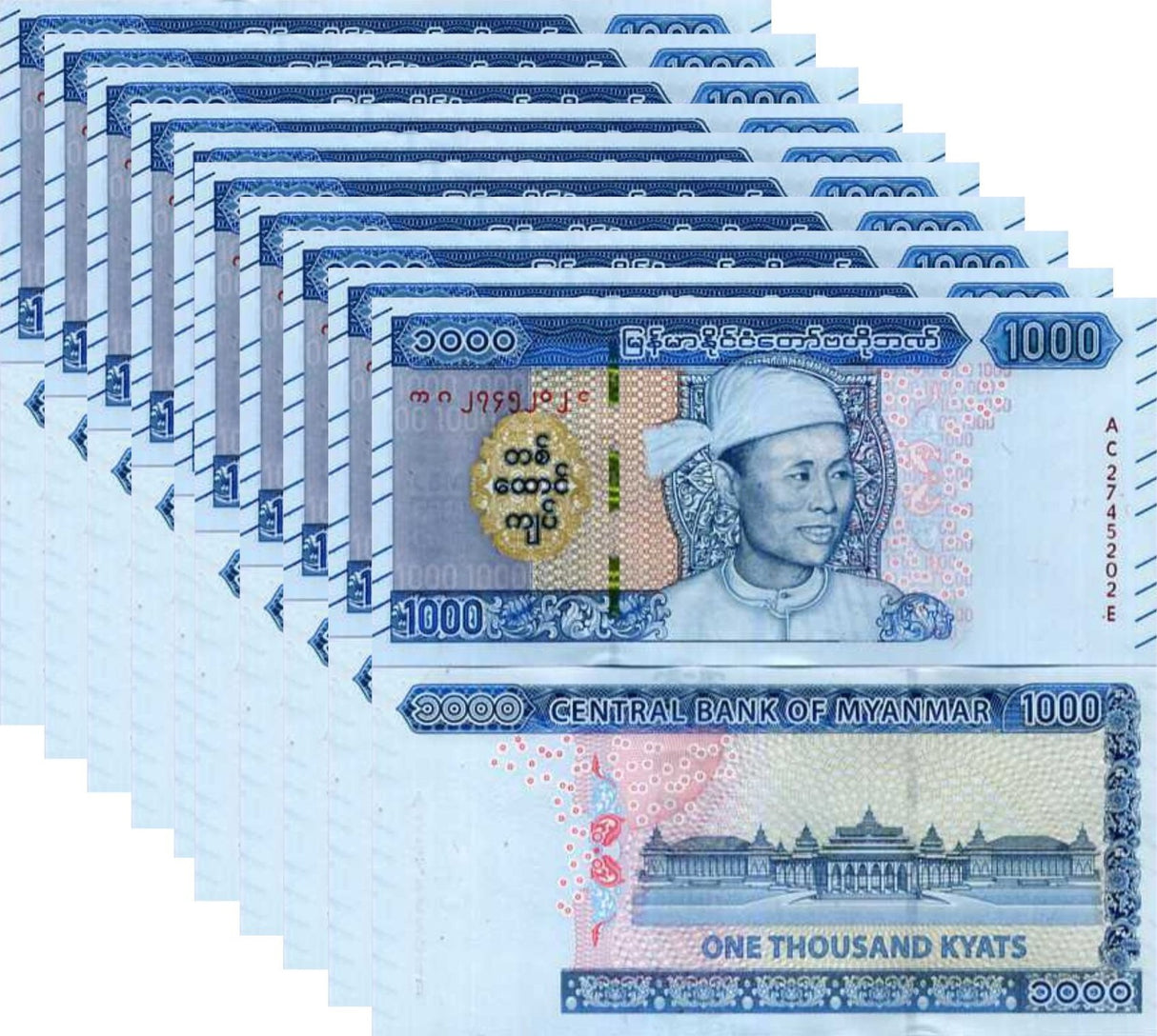 Myanmar 1000 Kyats ND 2019 P 86 UNC LOT 10 PCS