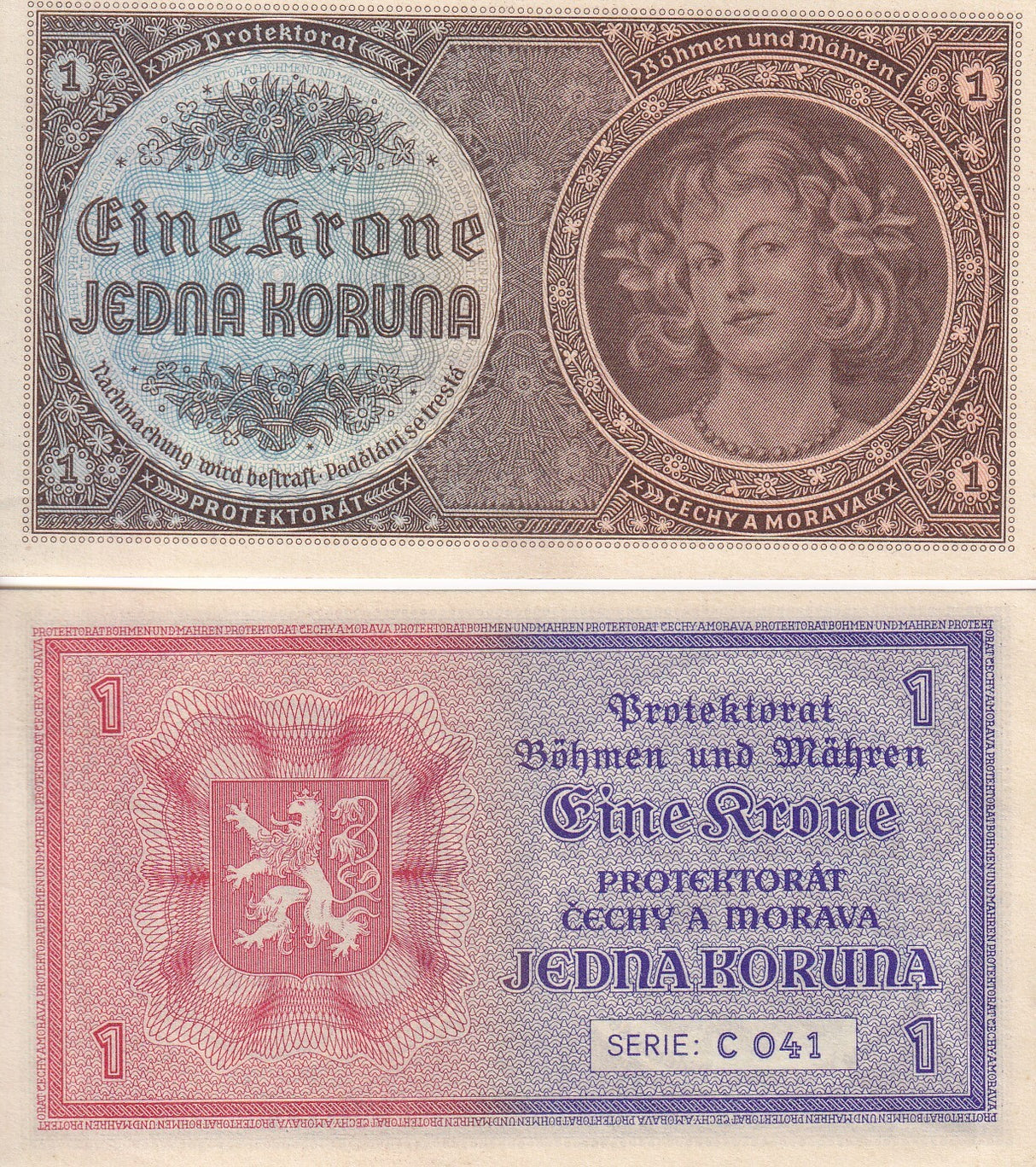 BOHEMIA & MORAVIA 1 Koruna ND 1940 P 3 AUnc , Morava , Arms , AU