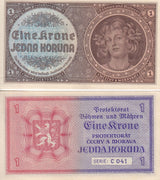 BOHEMIA & MORAVIA 1 Koruna ND 1940 P 3 AUnc , Morava , Arms , AU