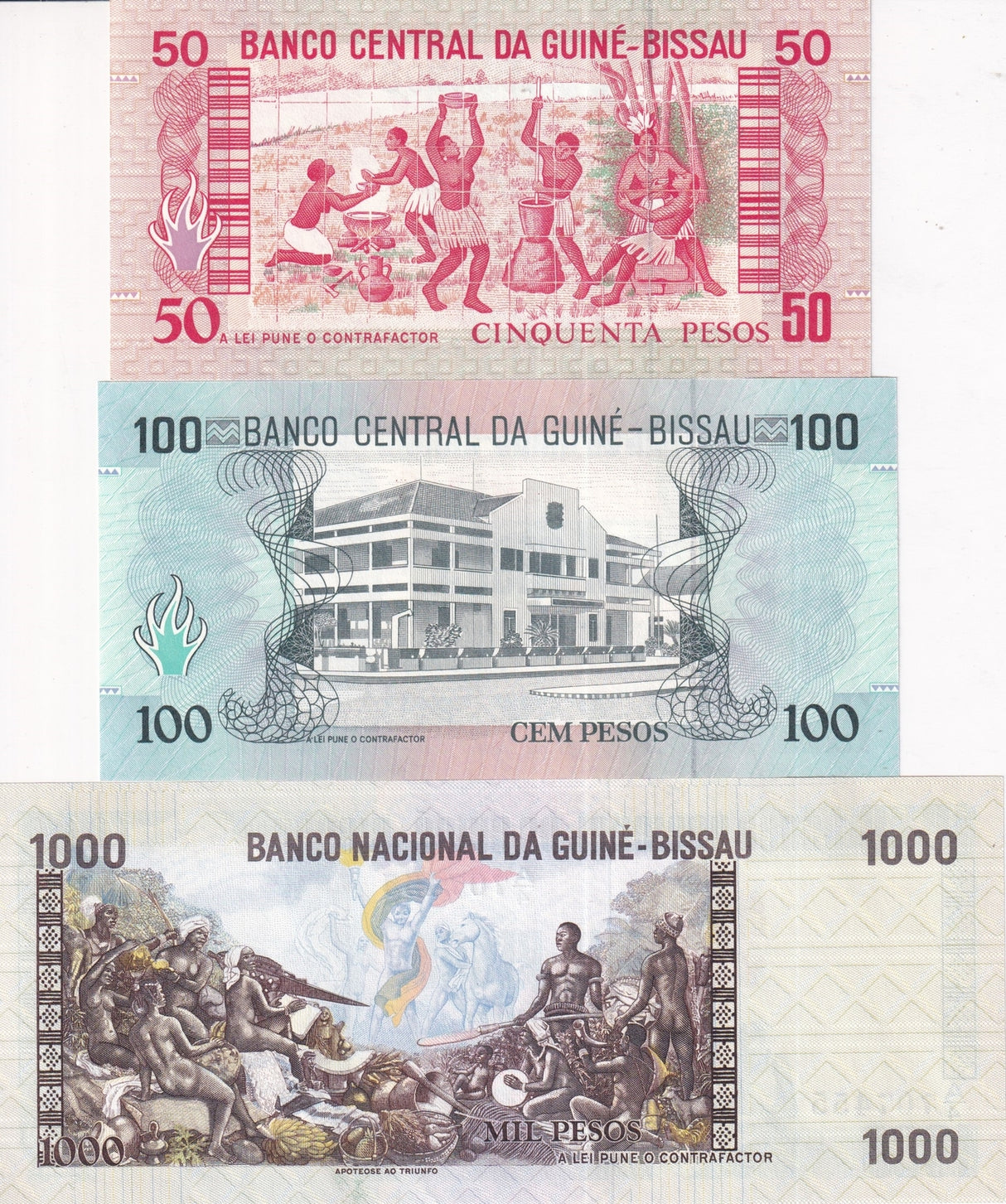 Guinea Bissau Set 3 Pcs 50 100 1000 Pesos 1978 - 1990 P 8 10 11 UNC