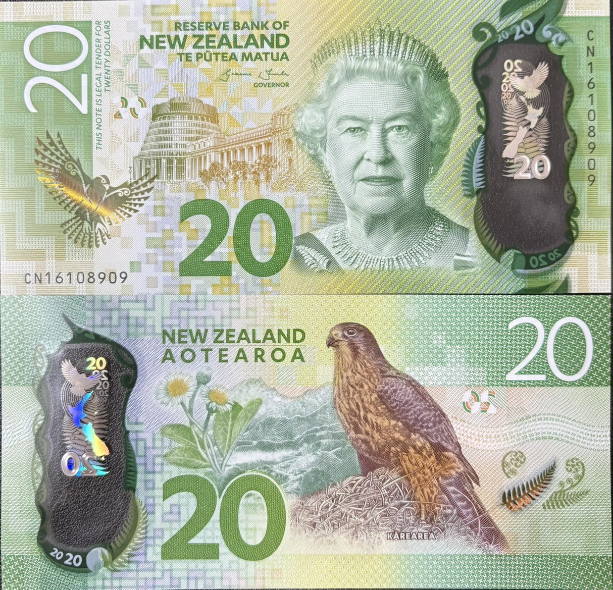 New Zealand 20 Dollars 2016 Polymer P 193 UNC, Queen Elizabeth, Falcon
