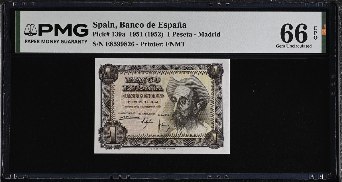 Spain 1 Pesetas 1951 ND 1952 P 139 a Gem UNC PMG 66 EPQ , Printer FNMT