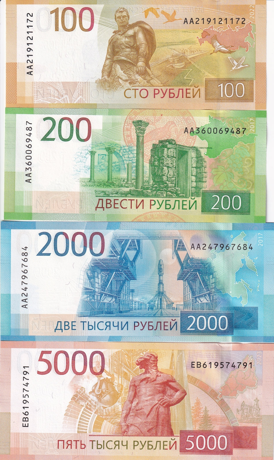 Russia set 4 UNC 100 200 2000 5000 Rubles ND 2017-2024 Commemorative P 275A-279A