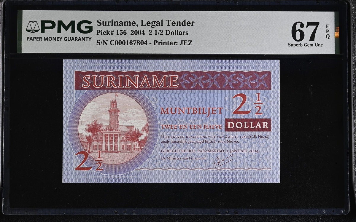 Suriname 2 1/2 Dollars 2004 P 156 Superb Gem UNC PMG 67 EPQ , Printer JEZ