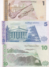 Kyrgyzstan Set 3 UNC 1 5 10 Som 1997 - 1999 P 13 14 15 National Opera, Bishkek