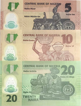 Nigeria Set 3 Pcs 5 10 20 Naira Mixed Year P 34 P 38 P 39 Polymer UNC