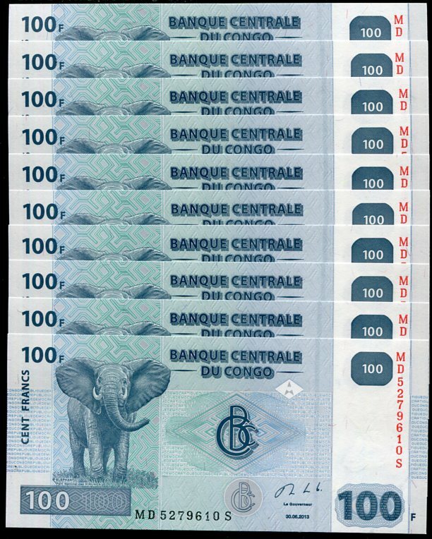 Congo 100 Francs 2013 P 98 UNC LOT 10 PCS