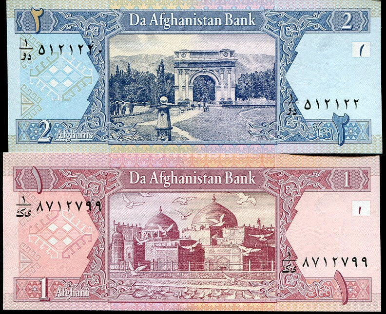 Afghanistan Set 2 UNC 1 2 Afghanis ND 2002 P 64 65