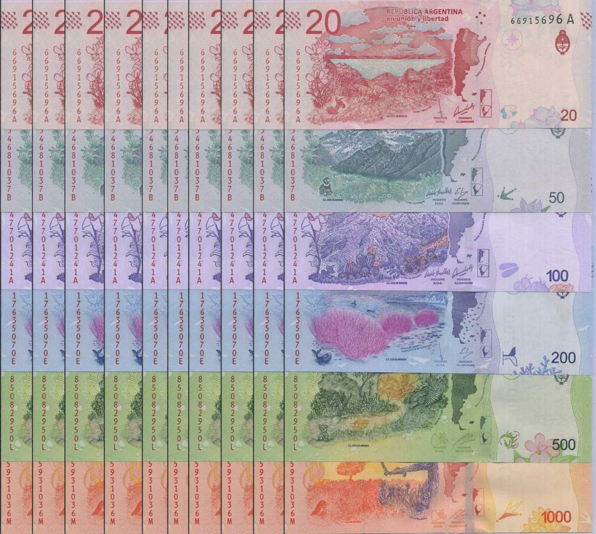 Argentina Set 6 x LOT 10 = 60 UNC 20 50 100 200 500 1000 Pesos P 361- 365 366