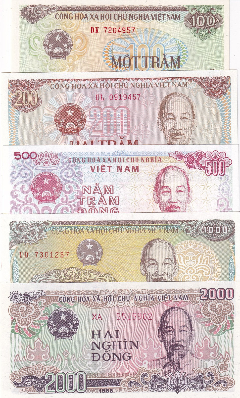 Vietnam Set 5 Pcs 100 200 500 1000 2000 Dong P 100 101 105 106 107 UNC