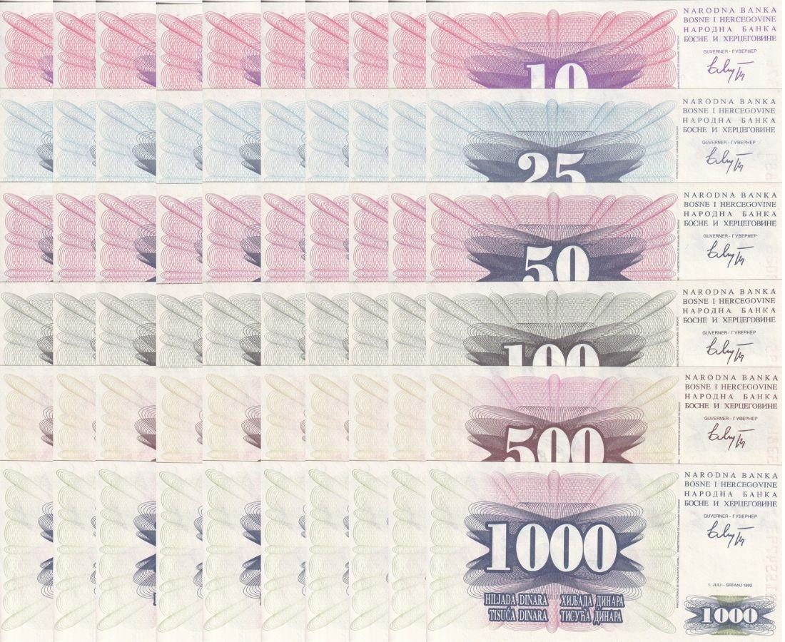Bosnia Set 6 X LOT 10 = 60 UNC 10 25 50 100 500 1000 Dinara 1992 P 10 11 12 - 15