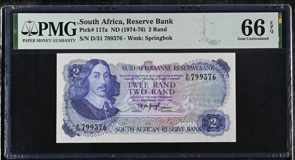 SOUTH AFRICA 2 RANDS ND 1974-1976 P 117 a Gem UNC PMG 66 EPQ