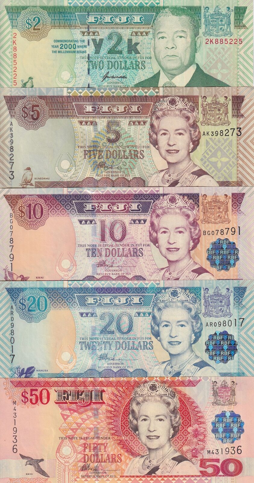 Fiji Set 5 PCS 2 5 10 20 50 Dollars Random Year P 102 P 105 P 106 107 P 108 UNC