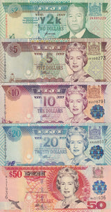 Fiji Set 5 PCS 2 5 10 20 50 Dollars Random Year P 102 P 105 P 106 107 P 108 UNC
