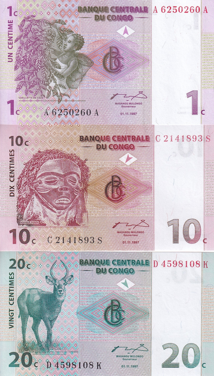 Congo Set 3 PCS 1 10 20 Centimes 1997 P 80 82 83 UNC
