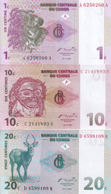 Congo Set 3 PCS 1 10 20 Centimes 1997 P 80 82 83 UNC