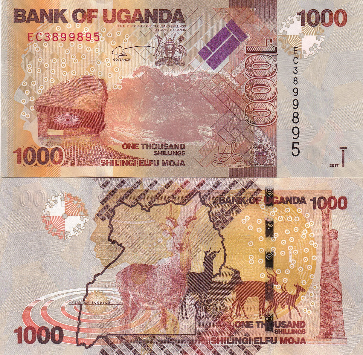 Uganda 1000 Shillings 2017 P 49 UNC Stone, Forest, Antelopes