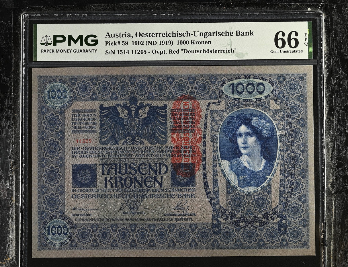 Austria 1000 Kronen 1902 ND 1919 P 59 Gem UNC PMG 66 EPQ