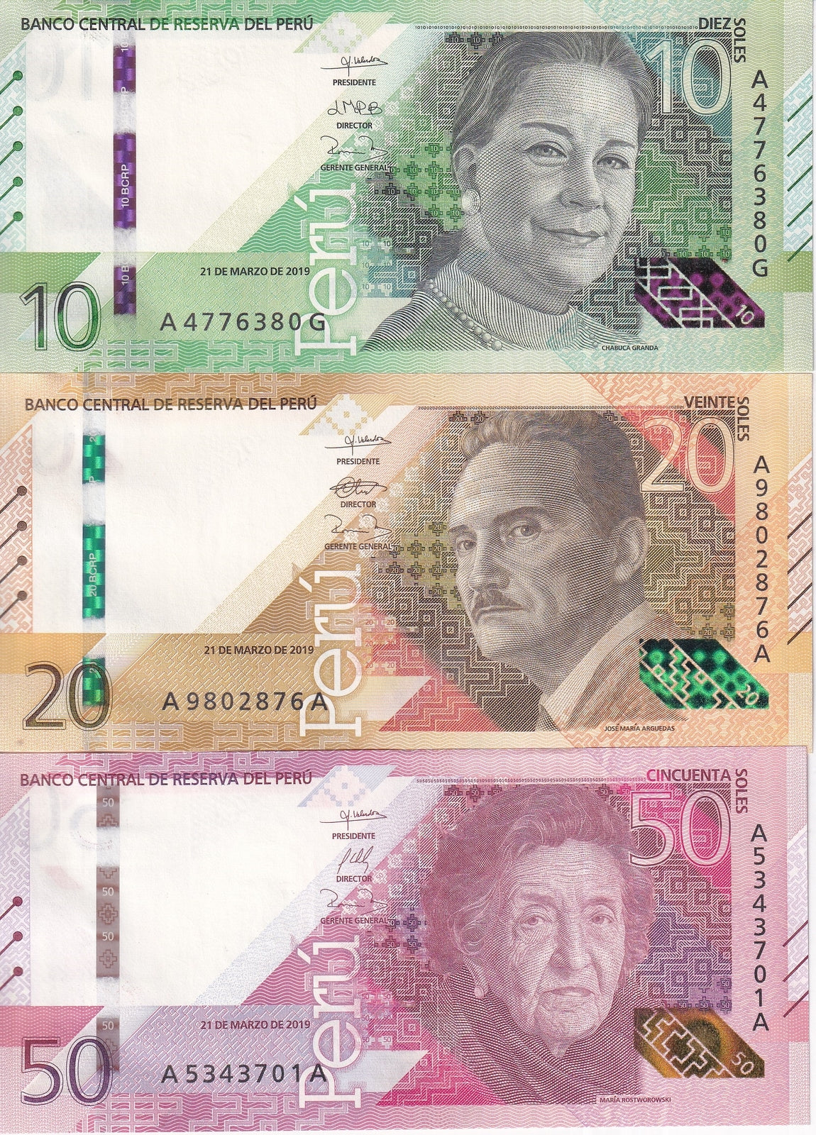 Peru Set 3 Pcs 10 20 50 Nuevos Sole 2019/2021 P 196 197 198 UNC
