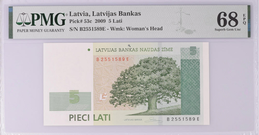 Latvia 5 Lati 2009 P 53 c Superb Gem UNC PMG 68 EPQ , Latvian art, Oak tree