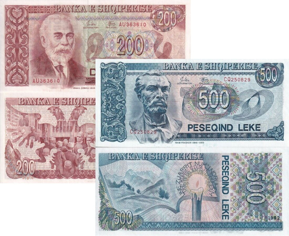 Albania Set 2 UNC 200 500 Leke 1992 P 52 P 53 Double headed Eagle Mountains