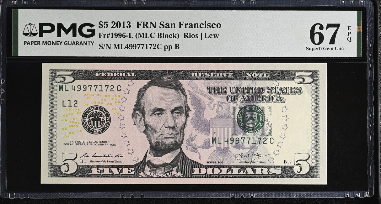 United States 5 Dollars Usa 2013 P 539 L San FRN Superb Gem UNC PMG 67 EPQ