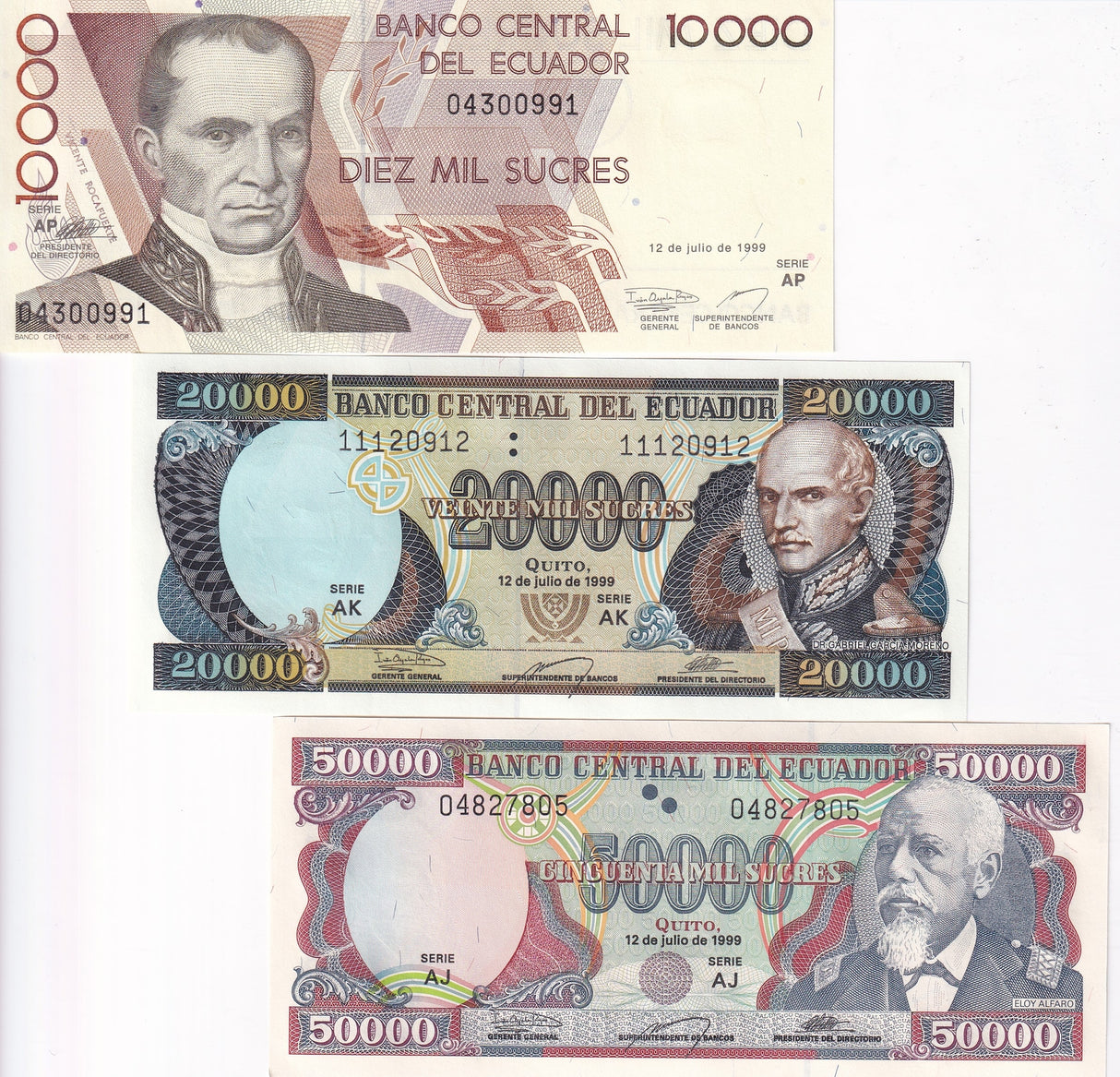 Ecuador Set 3 Pcs 10000 20000 50000 Sucres 1999 P 127 P 129 P 130 UNC