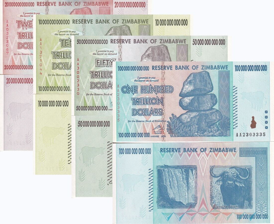 Zimbabwe SET 4 UNC 10 20 50 100 Trillion Dollars 2008 P 88 89 90 P 91