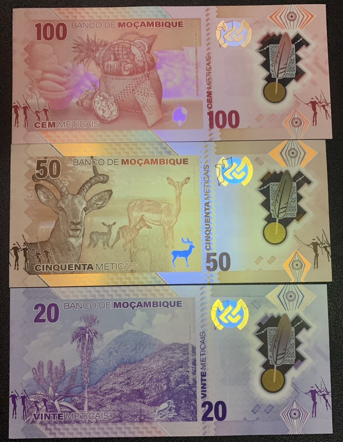 Mozambique set 3 X 5 SETS = 15 UNC 20 50 100 Met. 2024 Polymer P 155 156 157