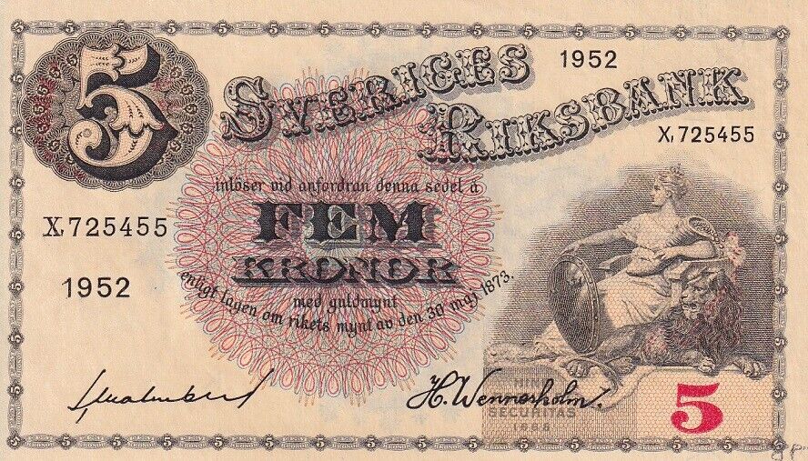 Sweden 5 Kronor 1952 P 33 UNC