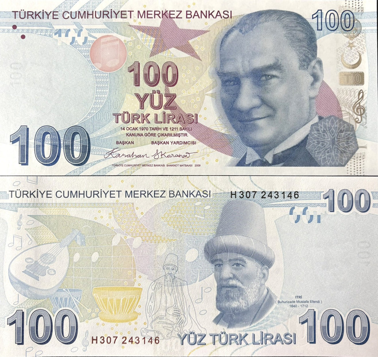 Turkey 100 Lira 2009/2025 P 226 f Prefix "H" UNC President Mustafa Kemal Ataturk