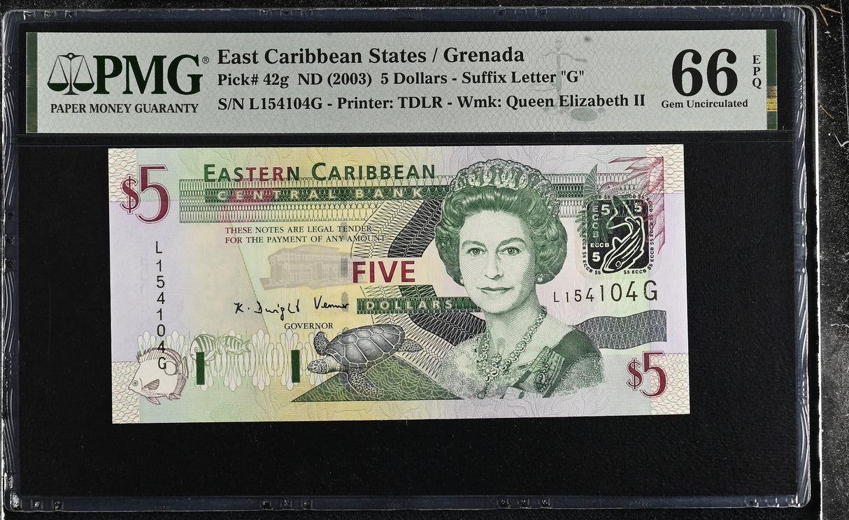 East Caribbean 5 Dollars ND 2003 P 42 g Grenada Gem UNC PMG 66 EPQ