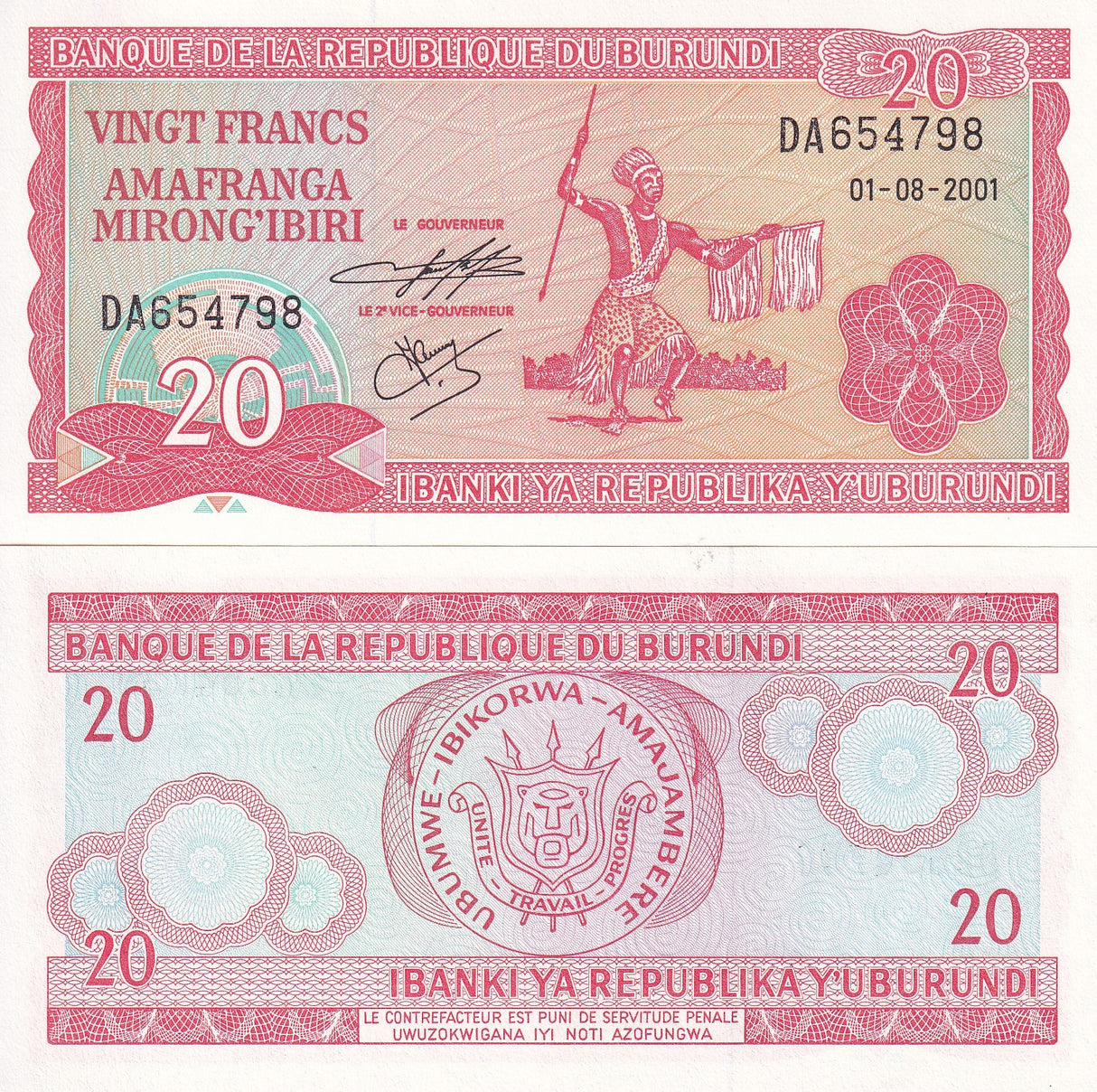 Burundi 20 Francs 2001 P 27 UNC , Amafranga , Dancer , Arms