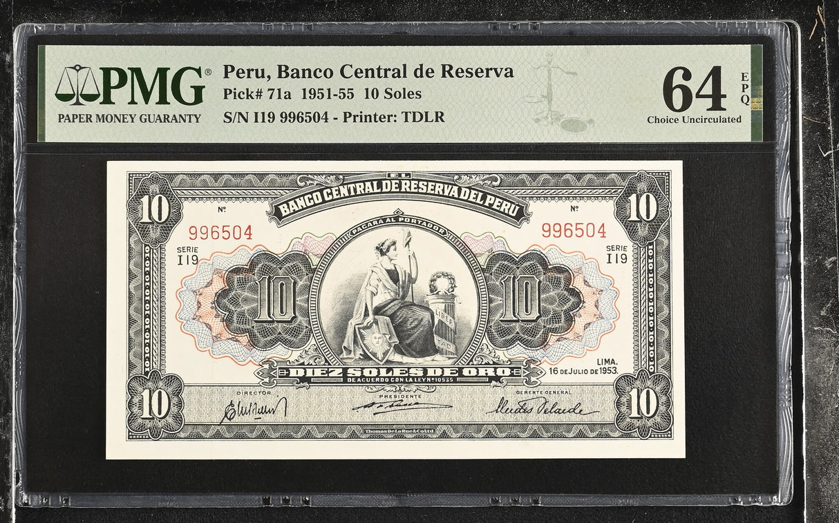 Peru 10 Soles 1953 P 71 a Choice UNC PMG 64 EPQ
