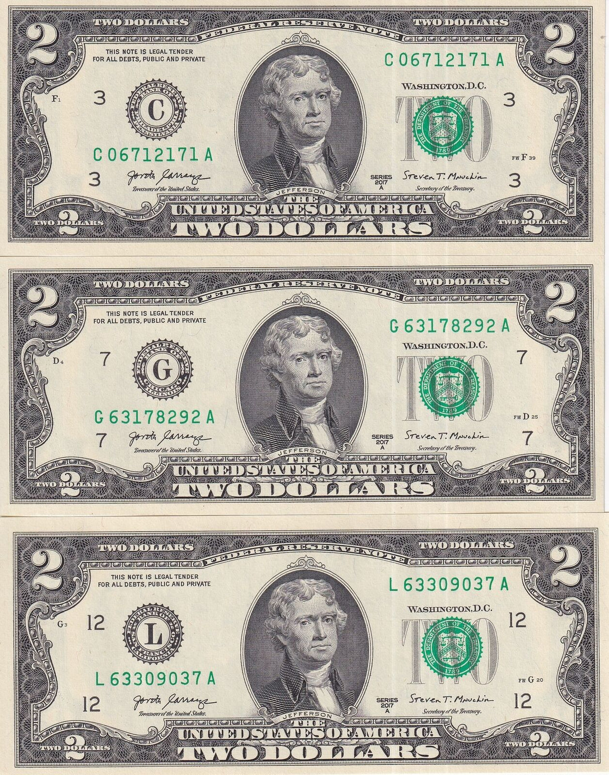 United States Set 3 Pcs 2 Dollars Mixed State Random Years P 545 UNC