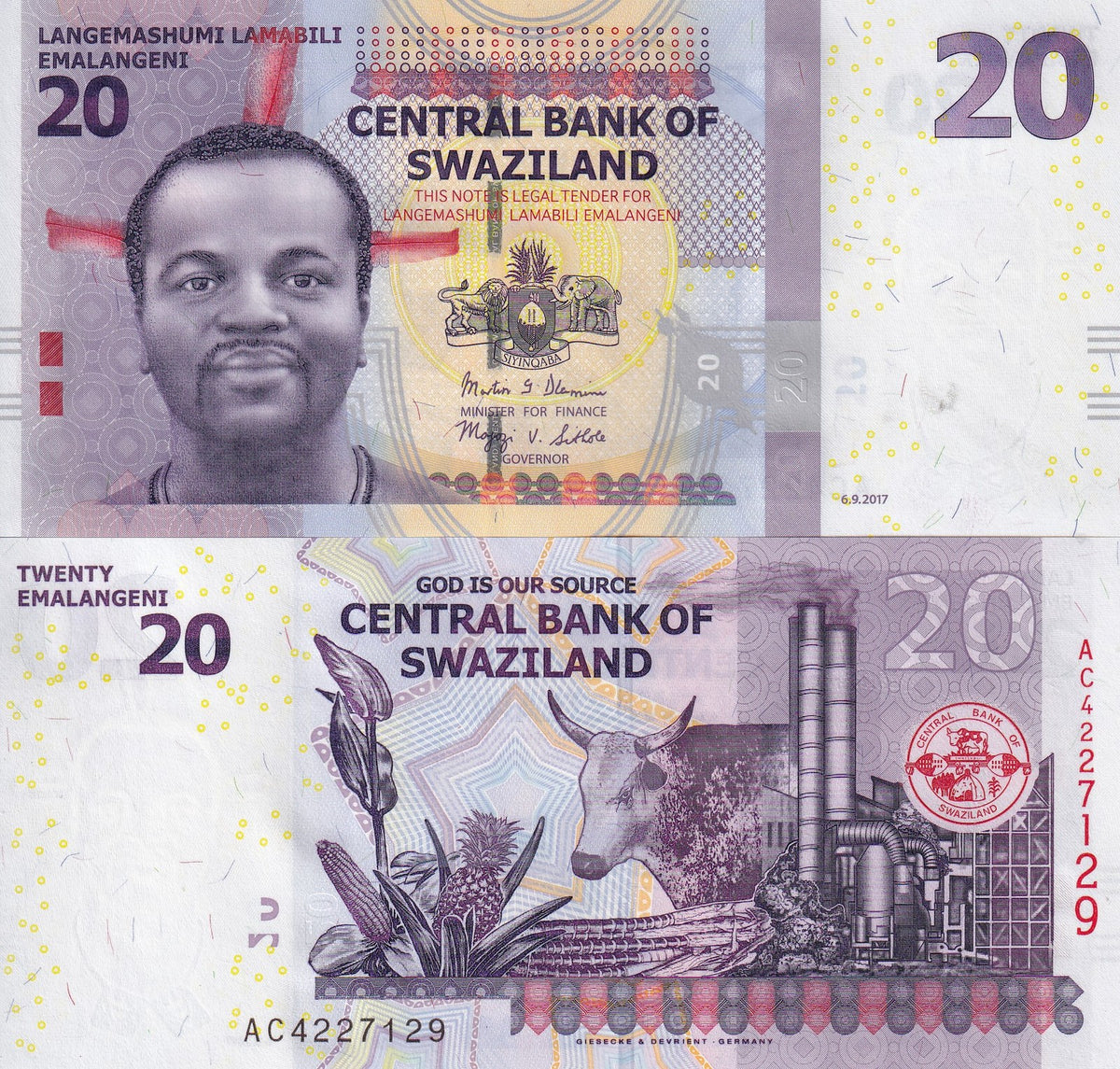 Swaziland 20 Emalangeni 2017 P 37 c UNC, Flower, corn, pineapple