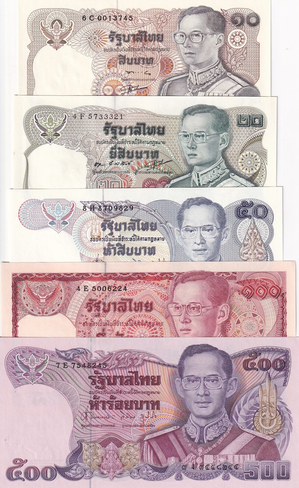 Thailand set 5 UNC 10 20 50 100 500 Baht 1969-1988 P 87 88 89 90 91 Random Sign