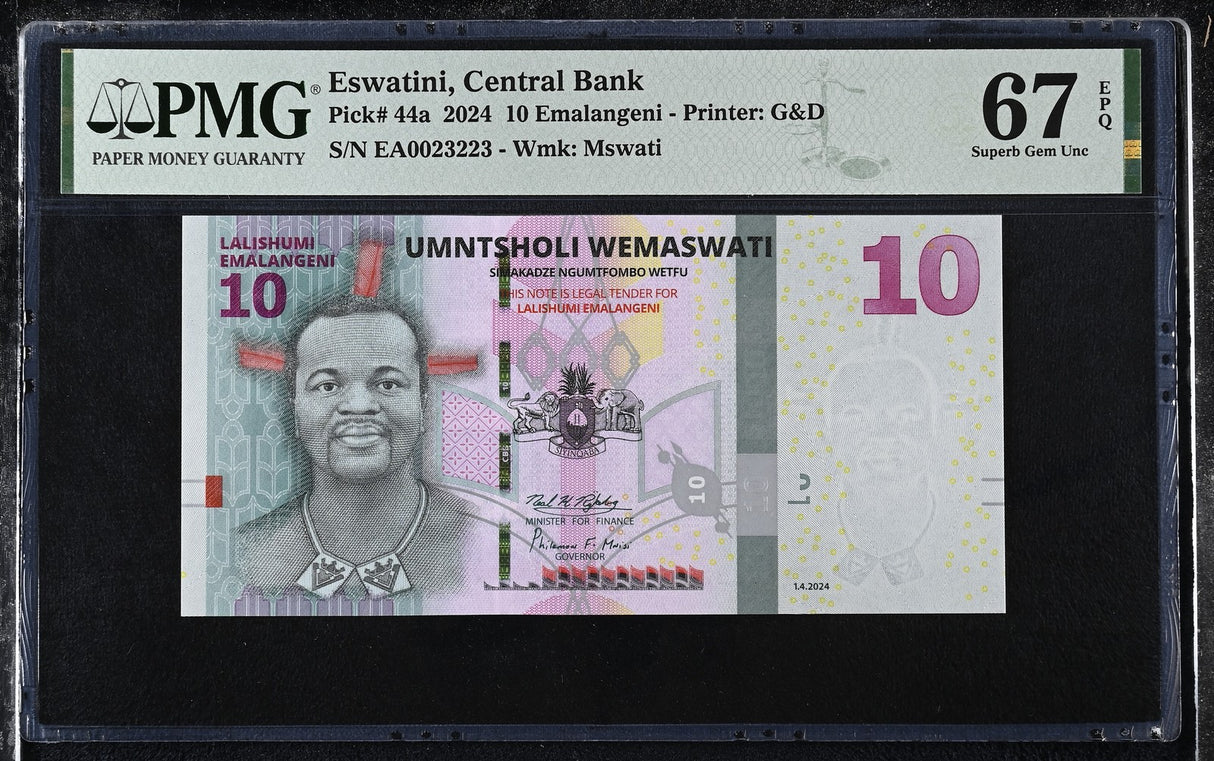 Eswatini 10 Emalangeni Swaziland 2024 P 44 #23223 Superb Gem UNC PMG 67 EPQ TOP