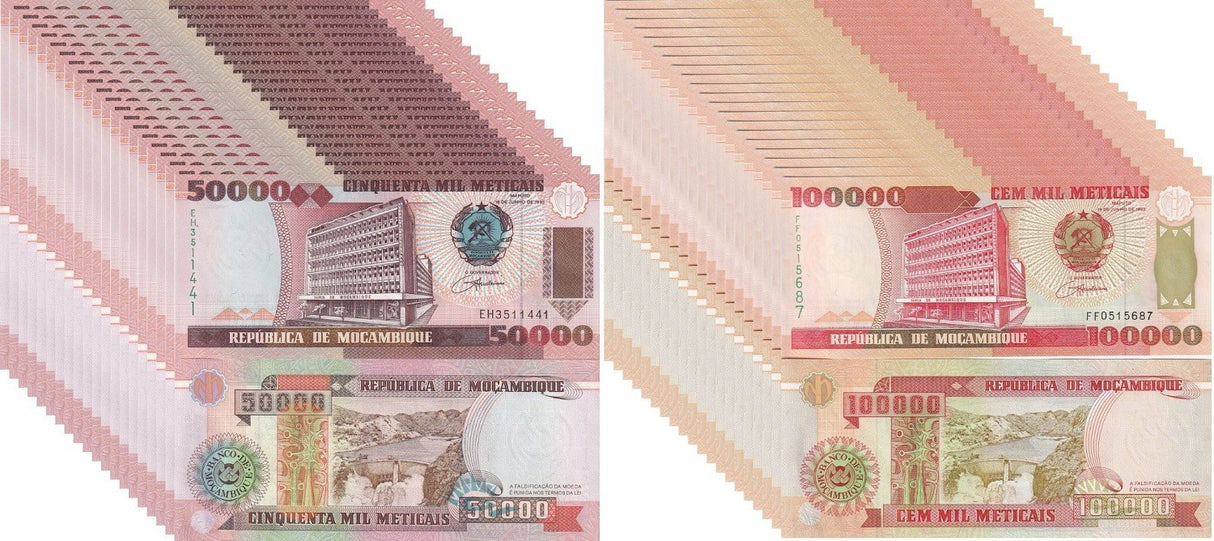Mozambique SET 2 X Lot 20 =40 UNC 50000 100000 Meticais 1993 P 138 139