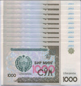 Uzbekistan 1000 Sum 2001 P 82 UNC LOT 10 PCS Cyrillic Script Tashkent
